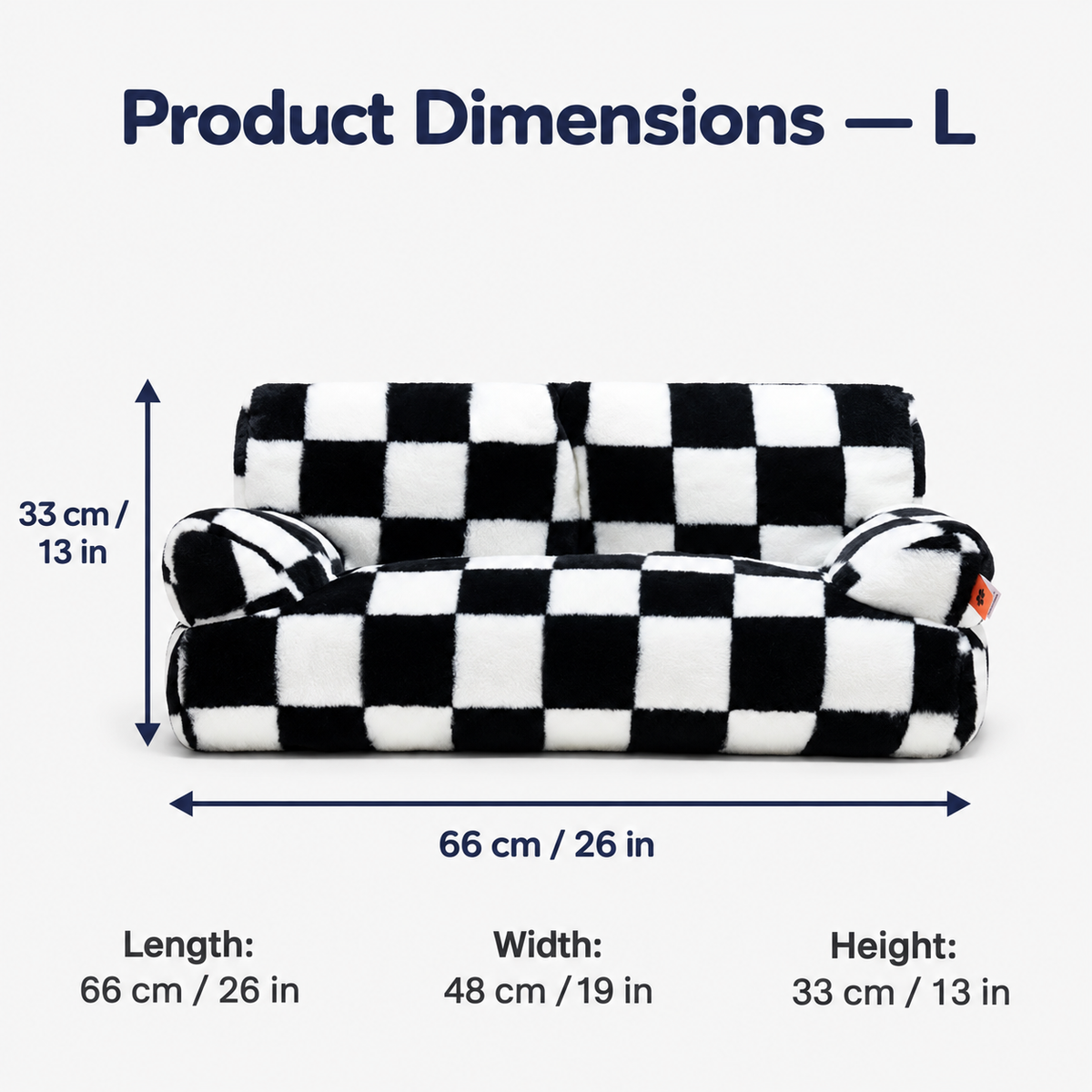 Large checked pet sofa dimensions: 66 x 48 x 33 cm / 26 x 19 x 13 in