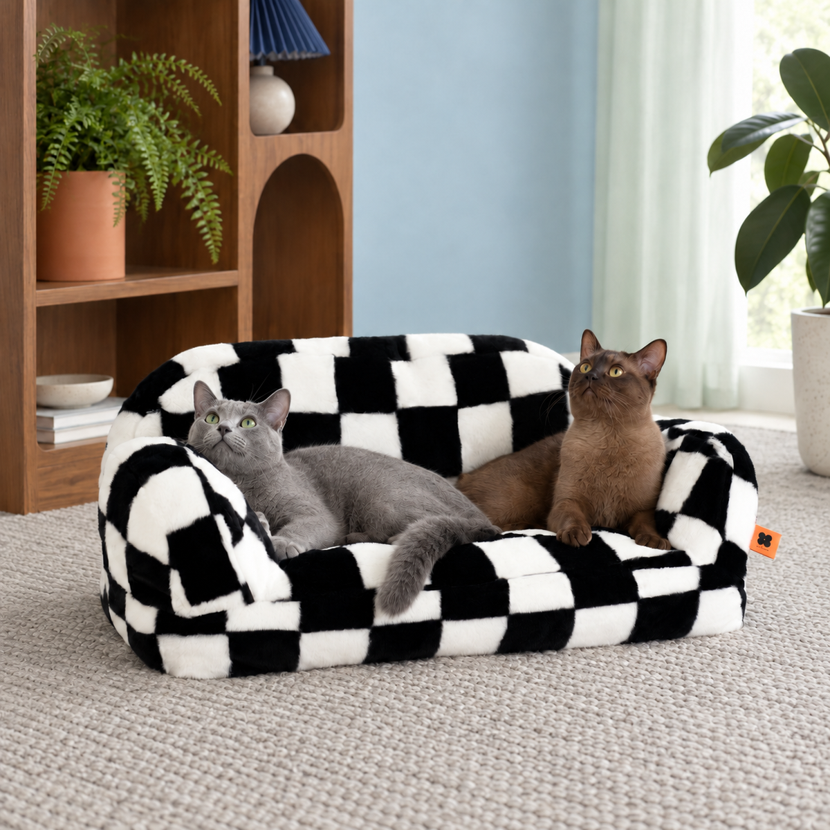 Two cats sharing the black and white checked pet sofa