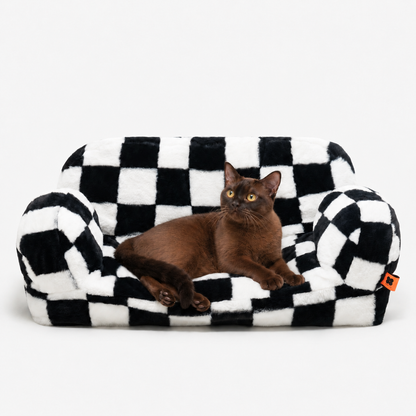 A brown cat reclining on the black and white checked pet sofa in a studio