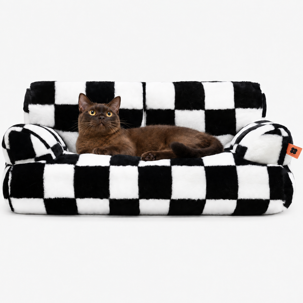 Front view of a brown cat reclining on the checked pet sofa