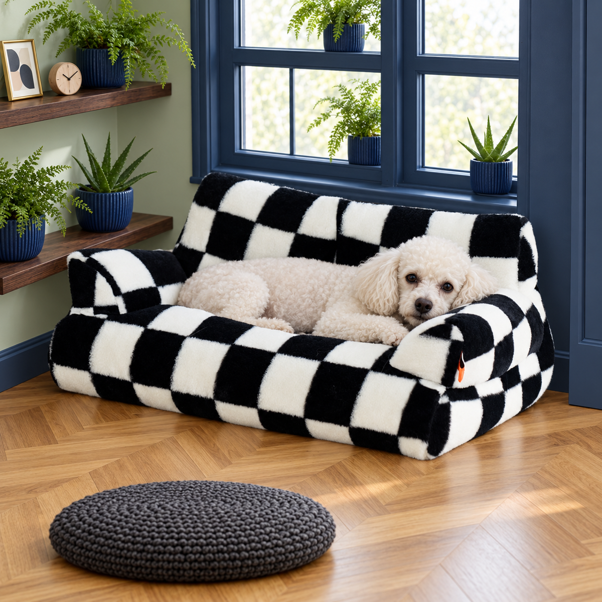 A white poodle resting on the checked pet sofa beside a window