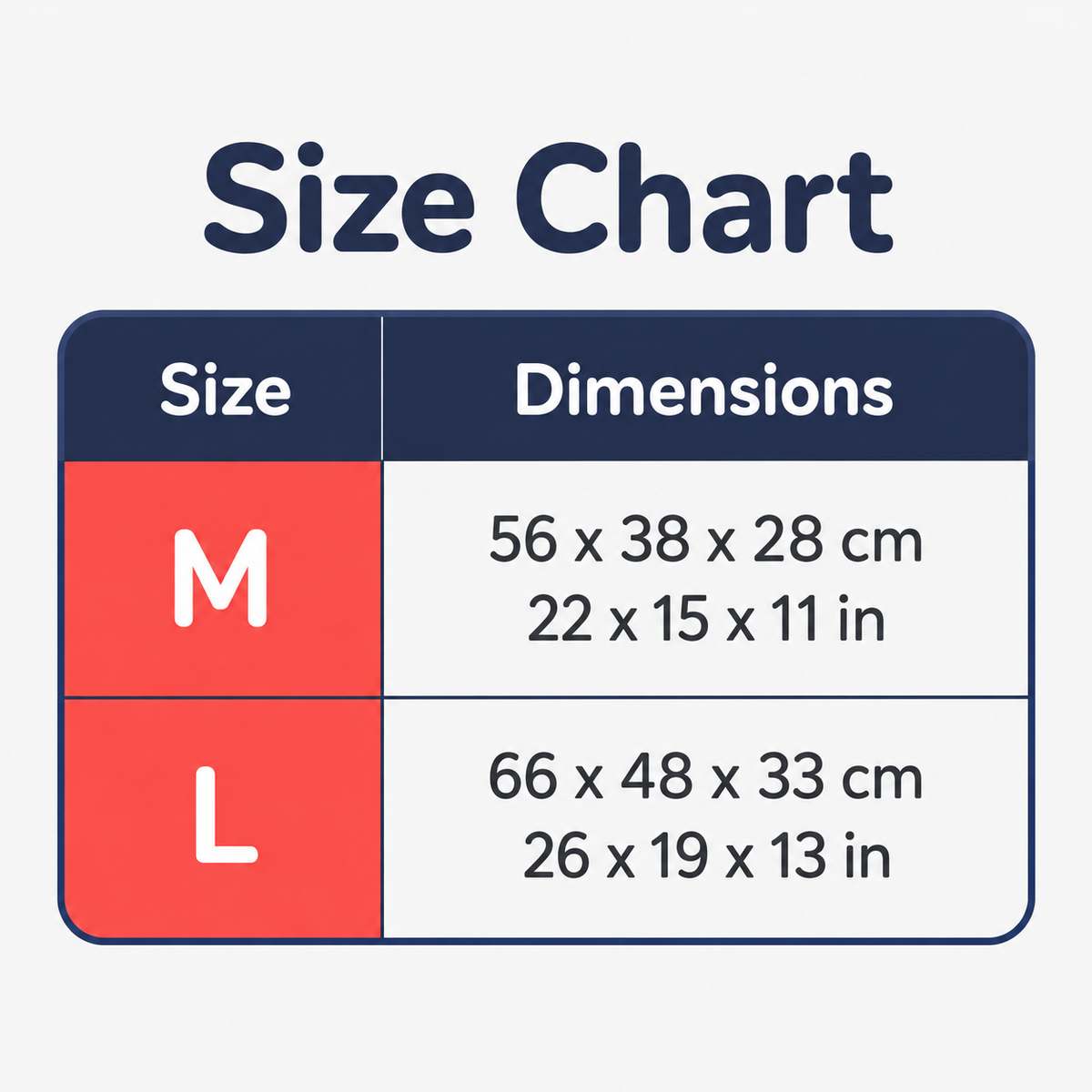 Size chart for the checked pet sofa bed: M and L dimensions in centimetres and inches