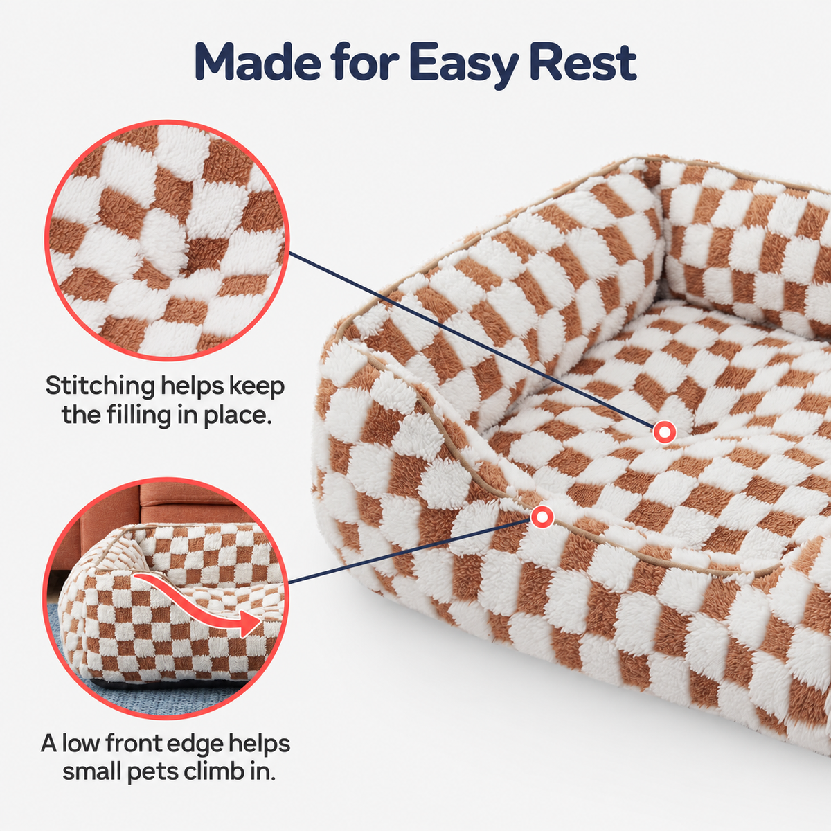 Secure cushion stitching and low front opening