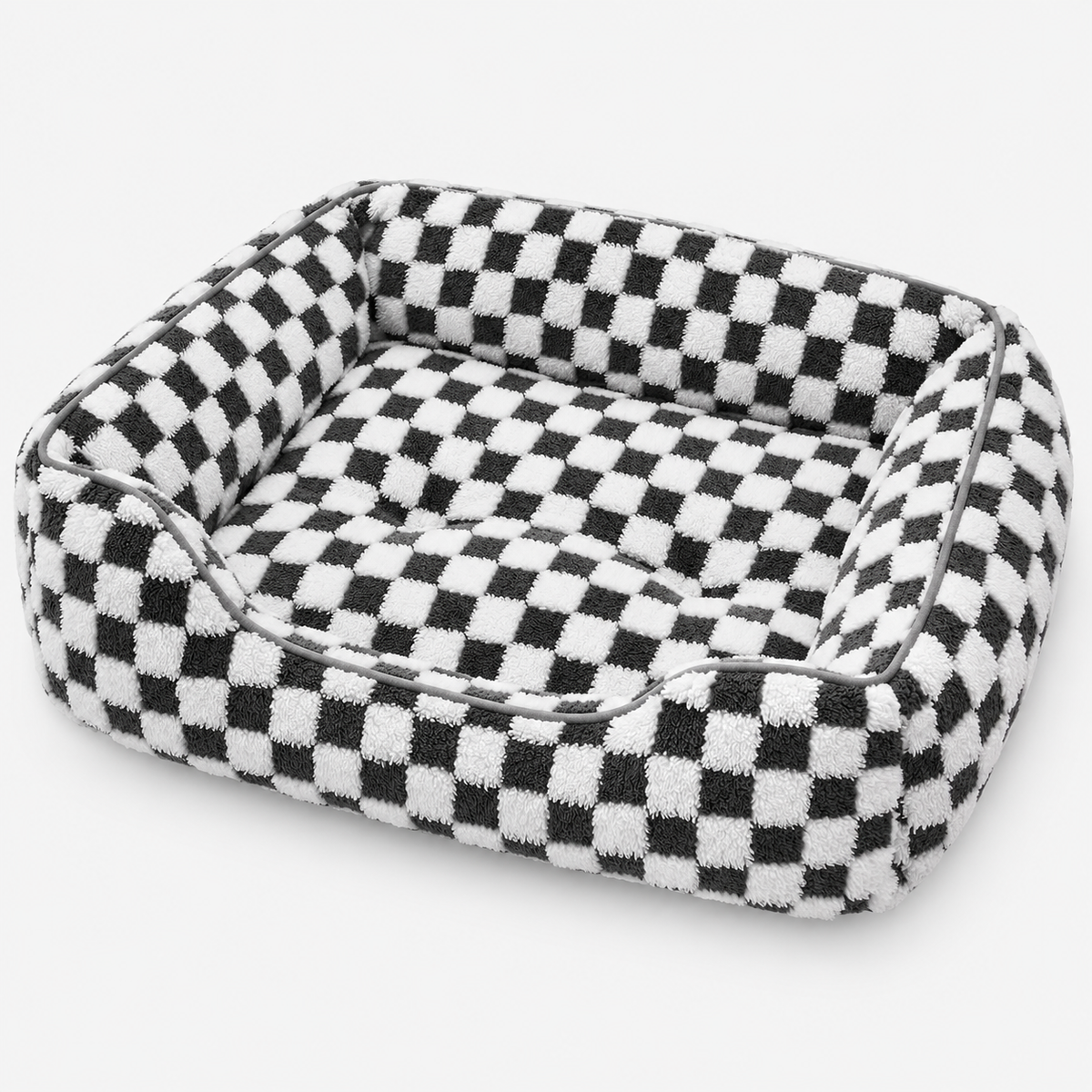 Elevated view of the black and white checked pet bolster bed