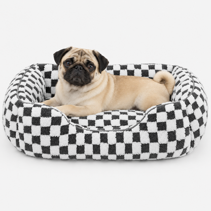 A fawn pug lying in the black checked bolster bed in a studio