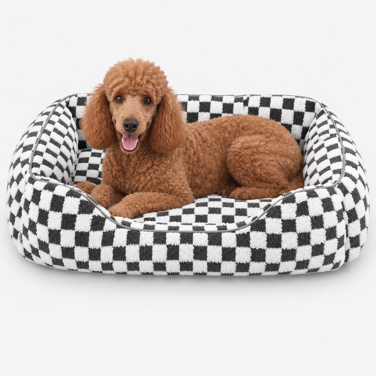 Black checked bolster bed with a red poodle