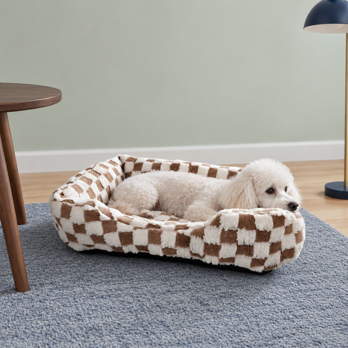 Brown checked bolster bed with a white poodle