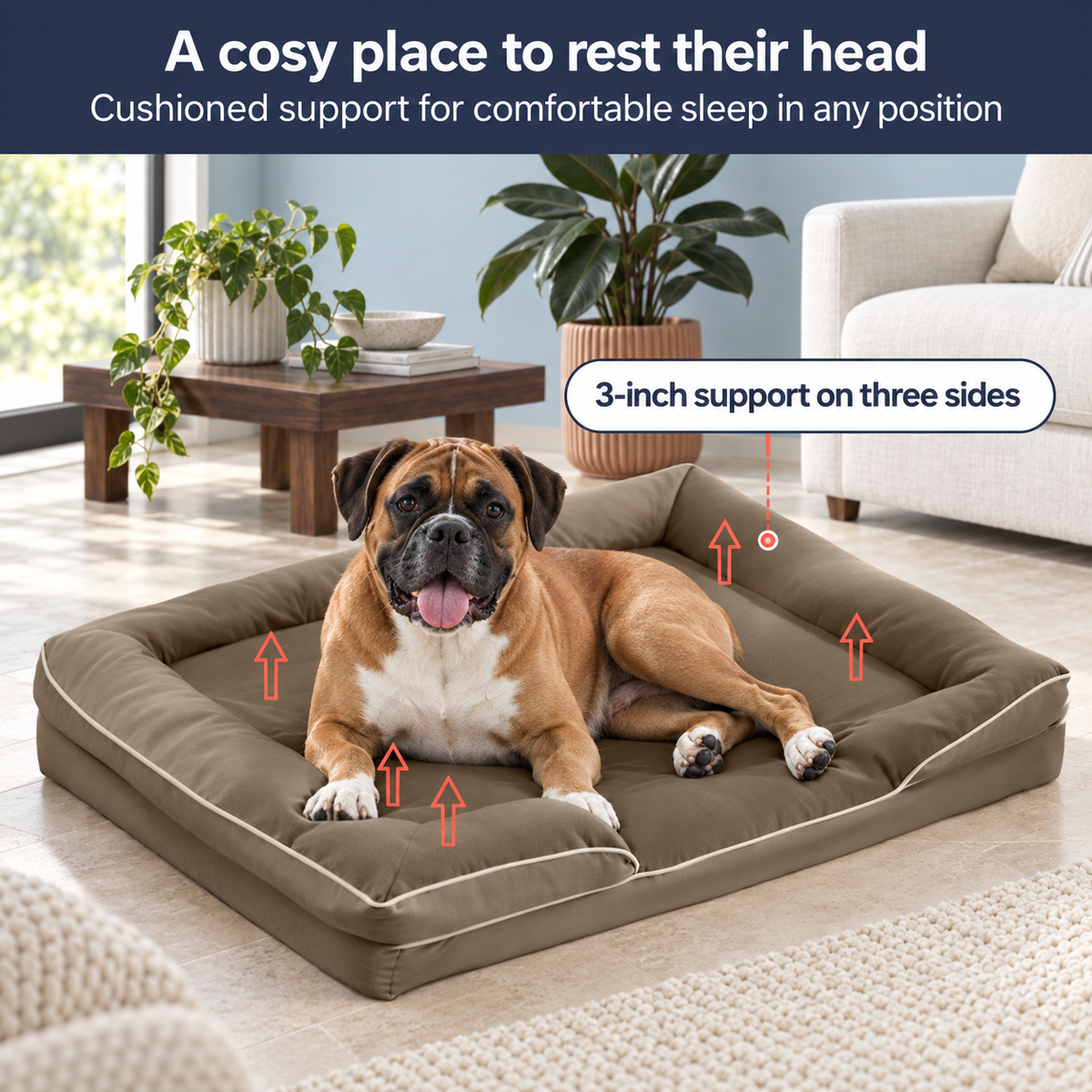 Three-sided bolster support on the brown dog bed