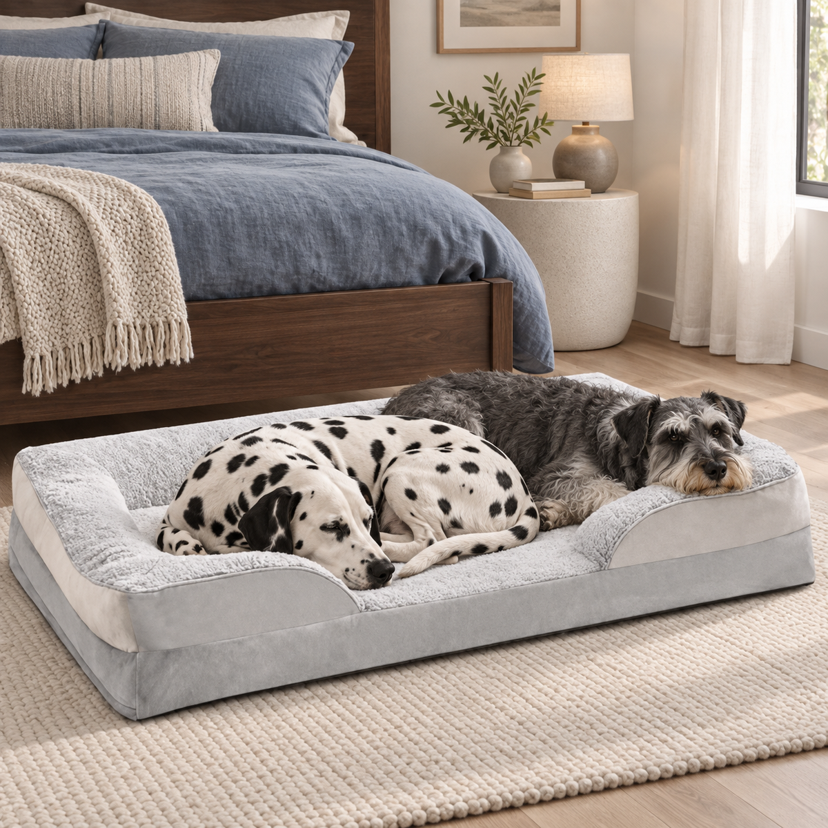 Two dogs resting on a grey sofa dog bed