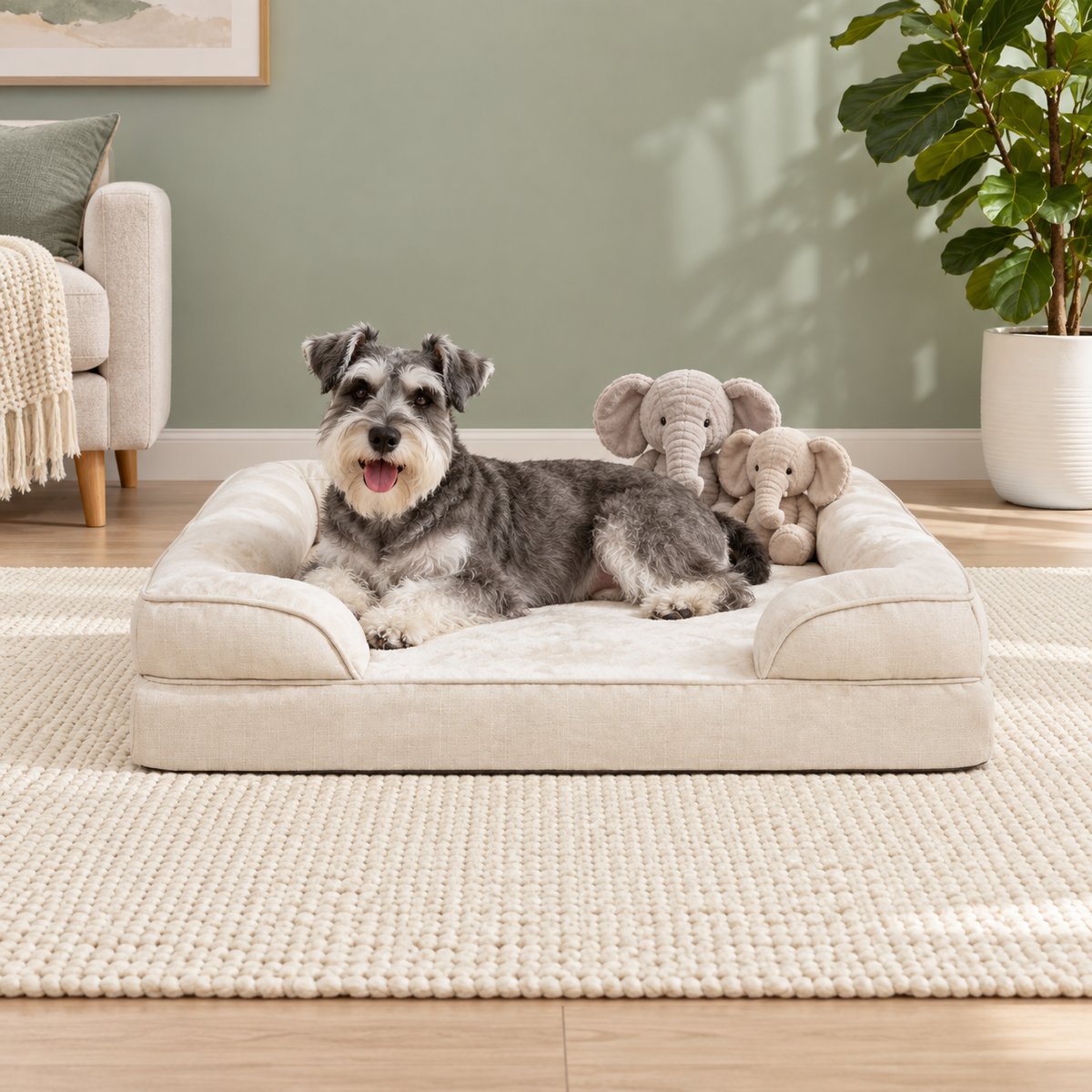 Schnauzer resting on the beige orthopaedic dog bed
