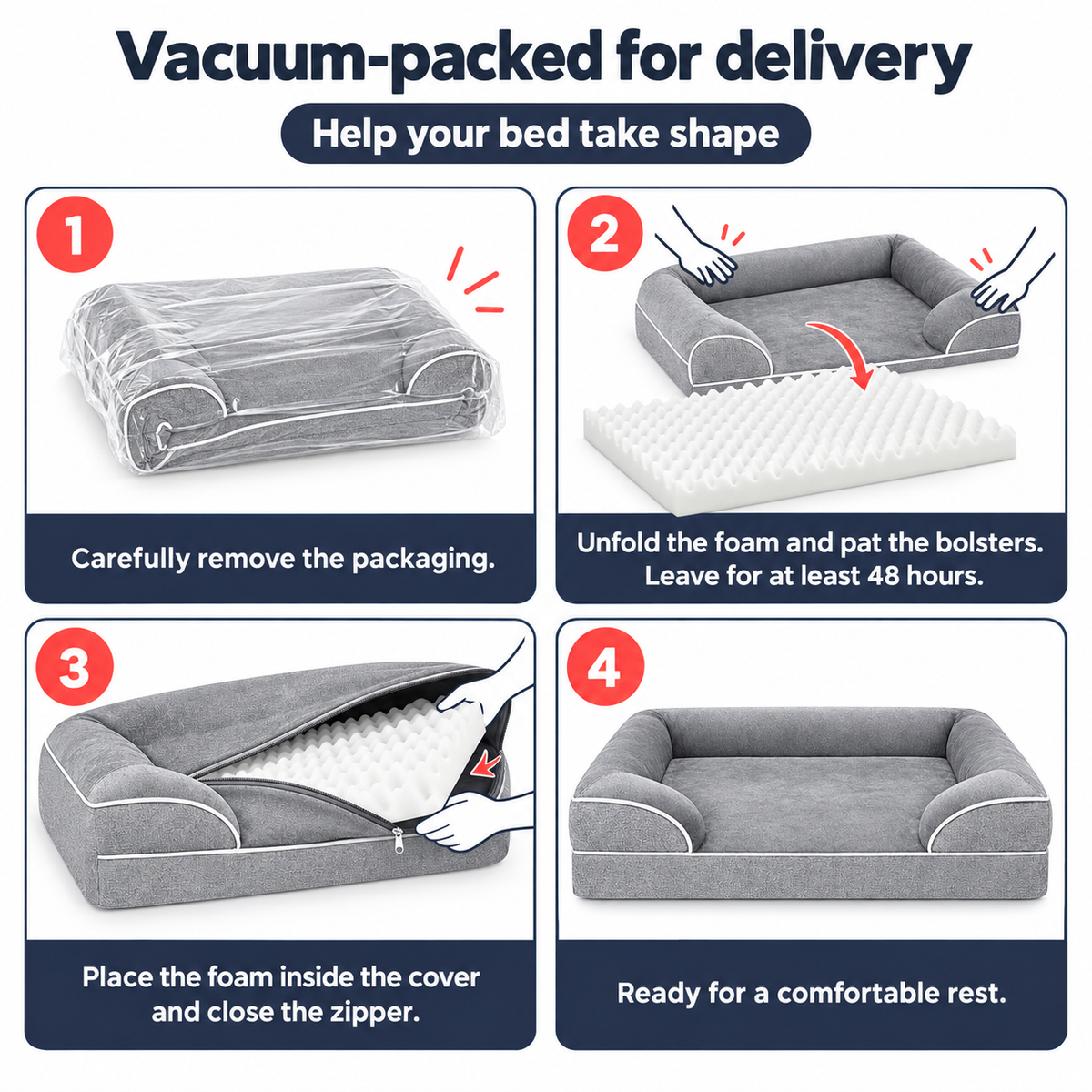 Four steps to unpack the bed and allow at least 48 hours to expand