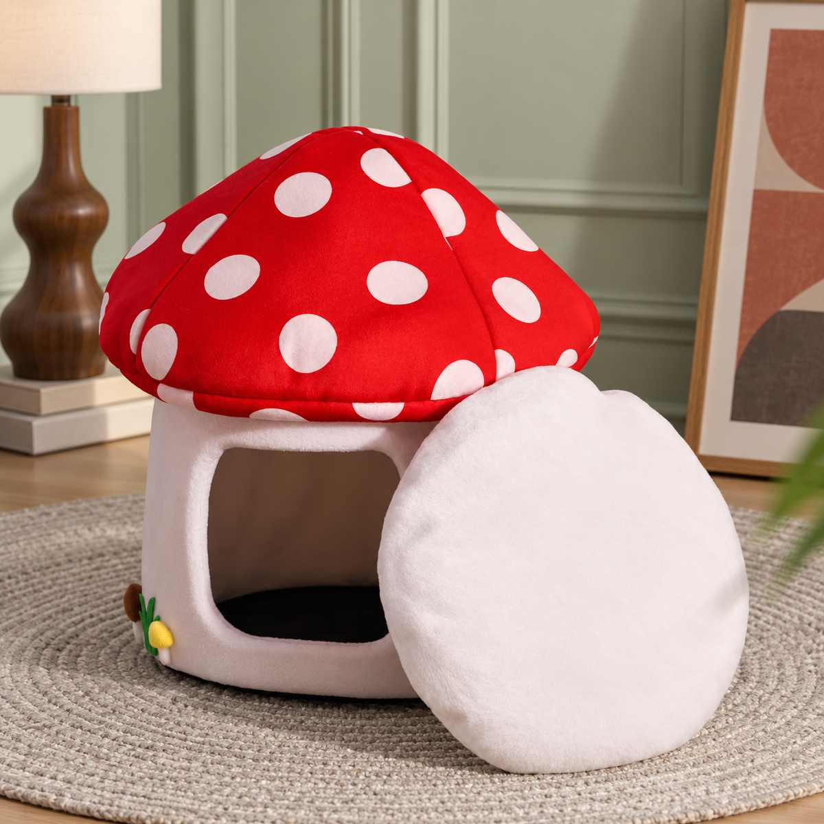 Mushroom pet cave bed with its removable cushion