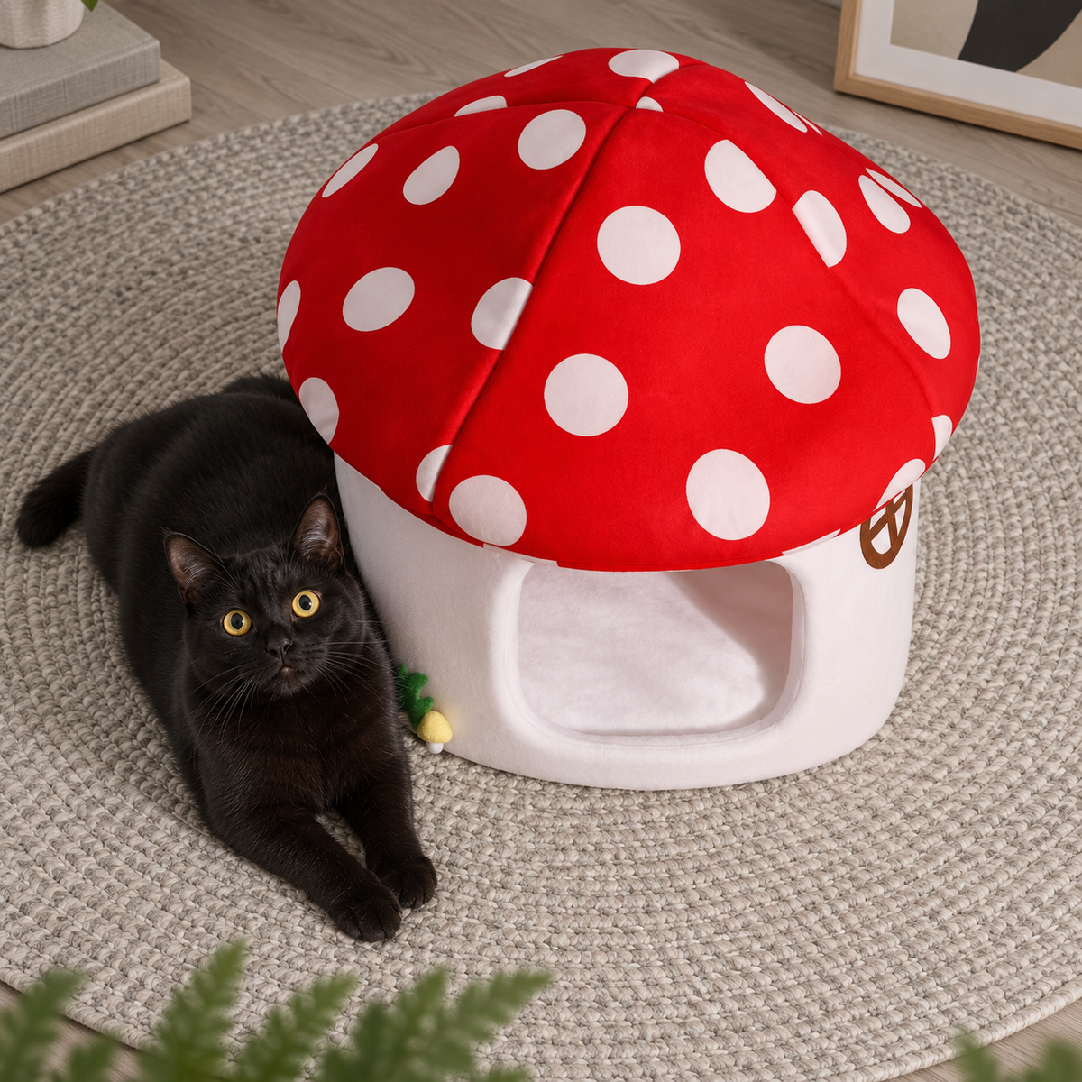 Overhead view of a pet beside the mushroom cave bed