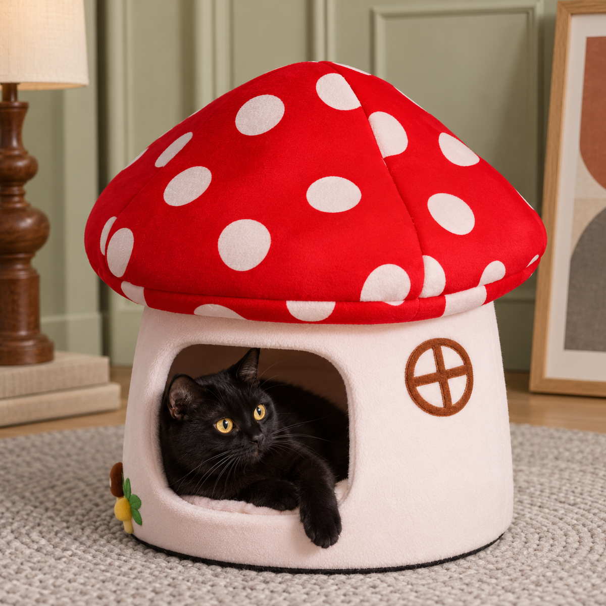 Pet resting inside the mushroom cave bed