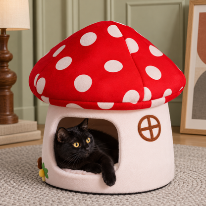 Pet resting inside the mushroom cave bed