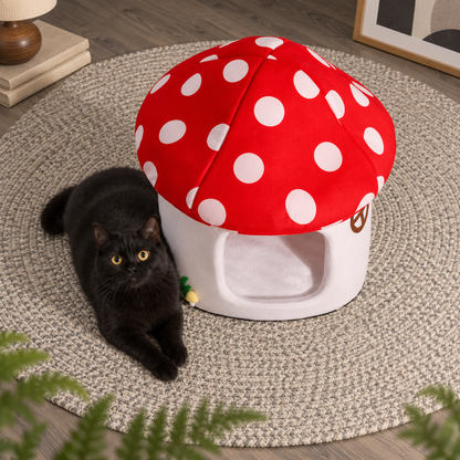 Mushroom cave bed viewed from above with a pet beside it