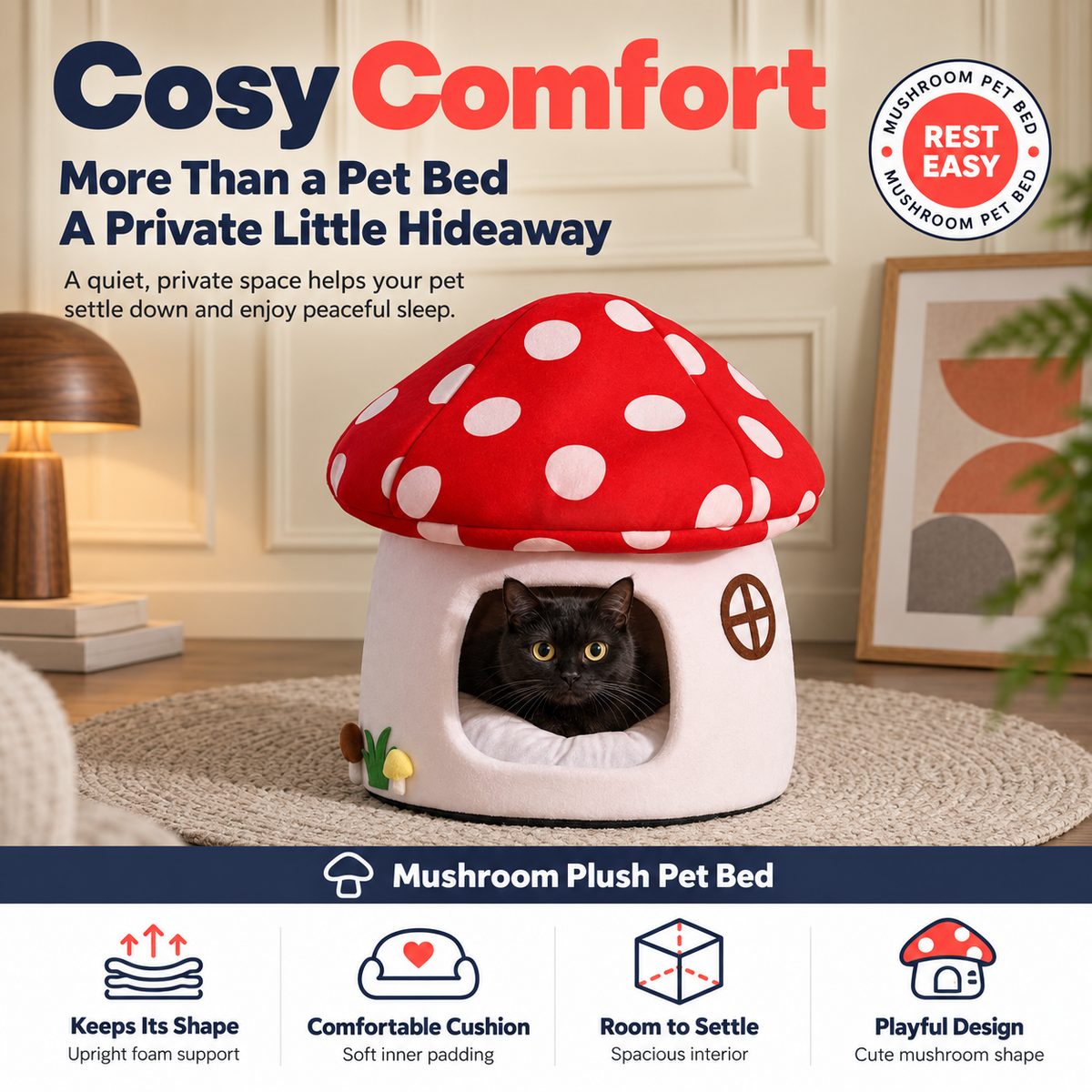 Cosy mushroom hideaway with plush fabric and non-slip base