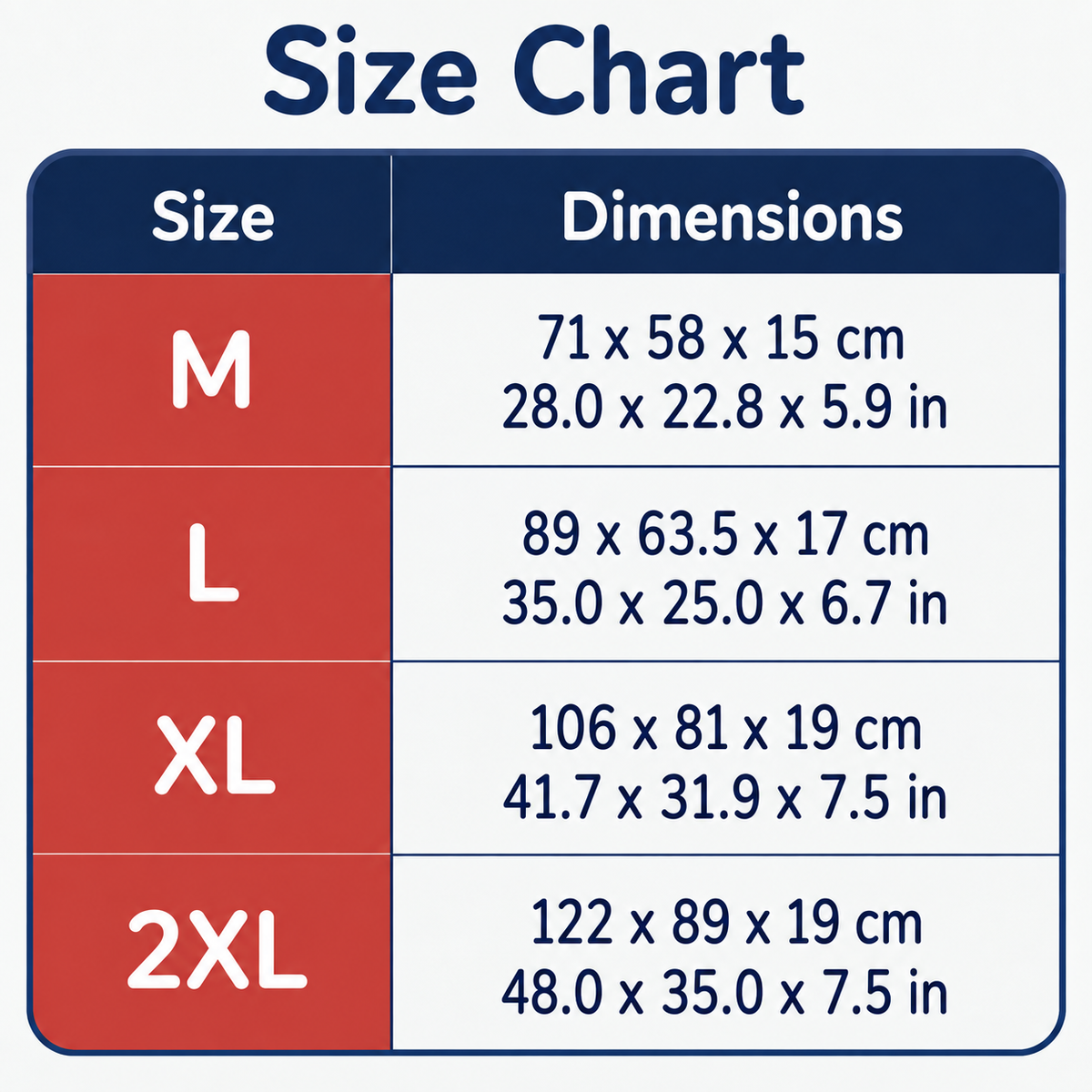 Oval bed size chart in centimetres and inches