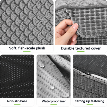 Close-ups of plush cover, waterproof liner, non-slip base and zip