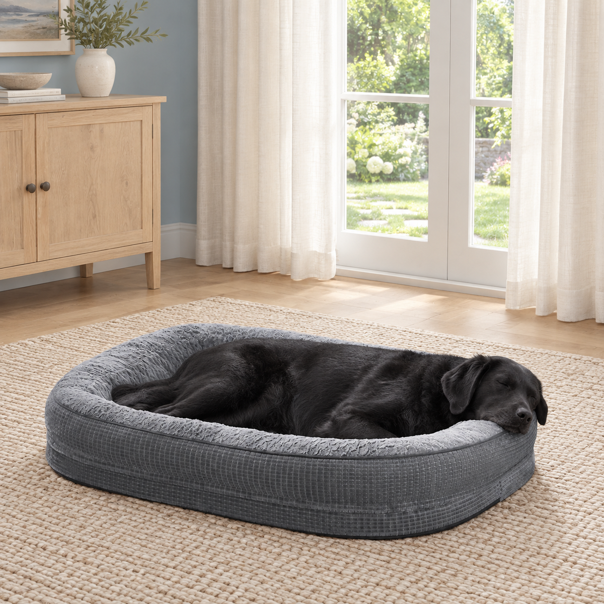 Dog resting in the grey oval bolster bed in a living room