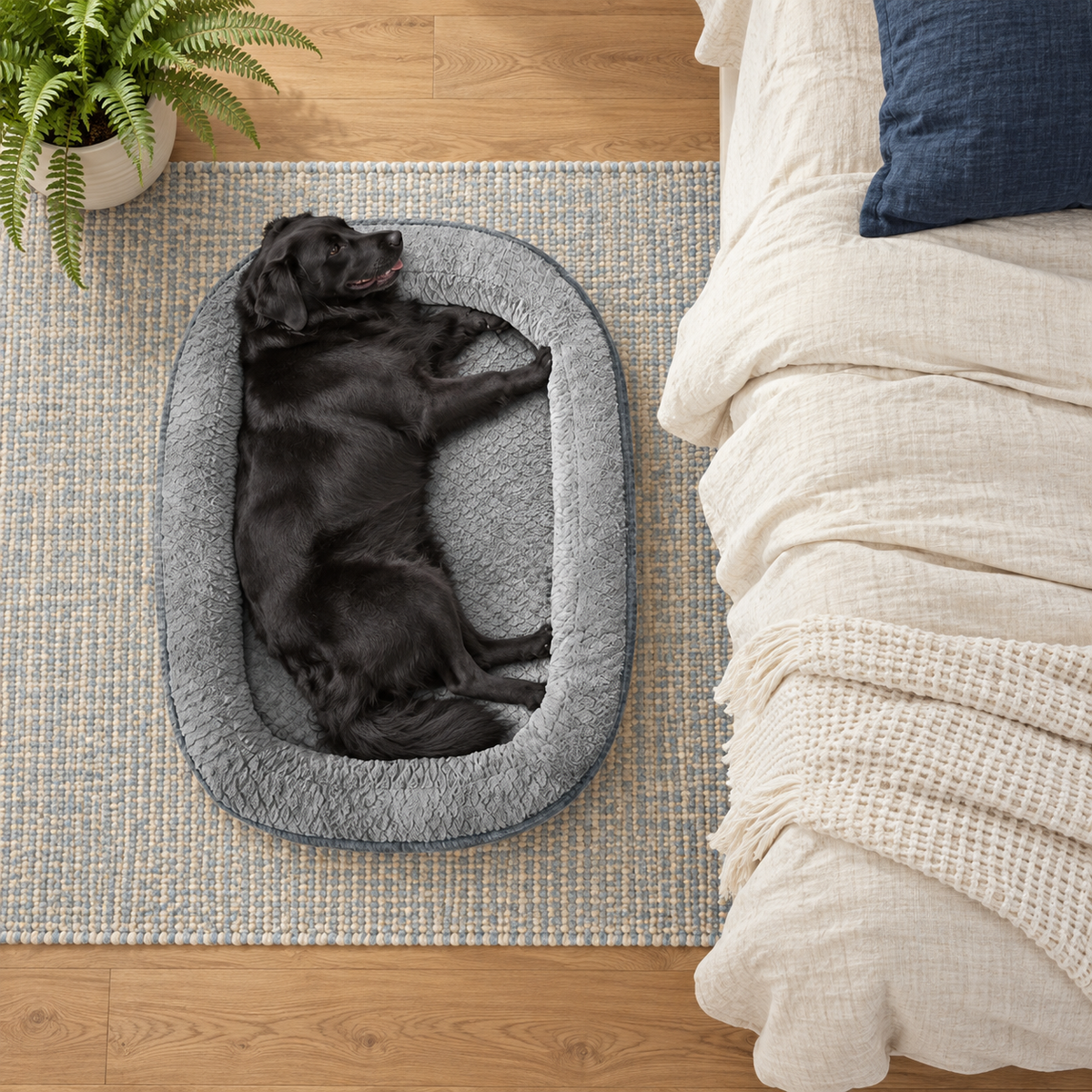 Overhead view of the oval bolster bed beside a bed