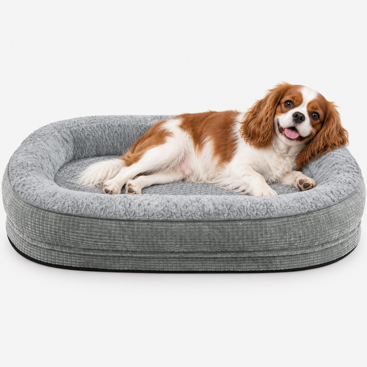 Spaniel relaxing against the oval bed bolster