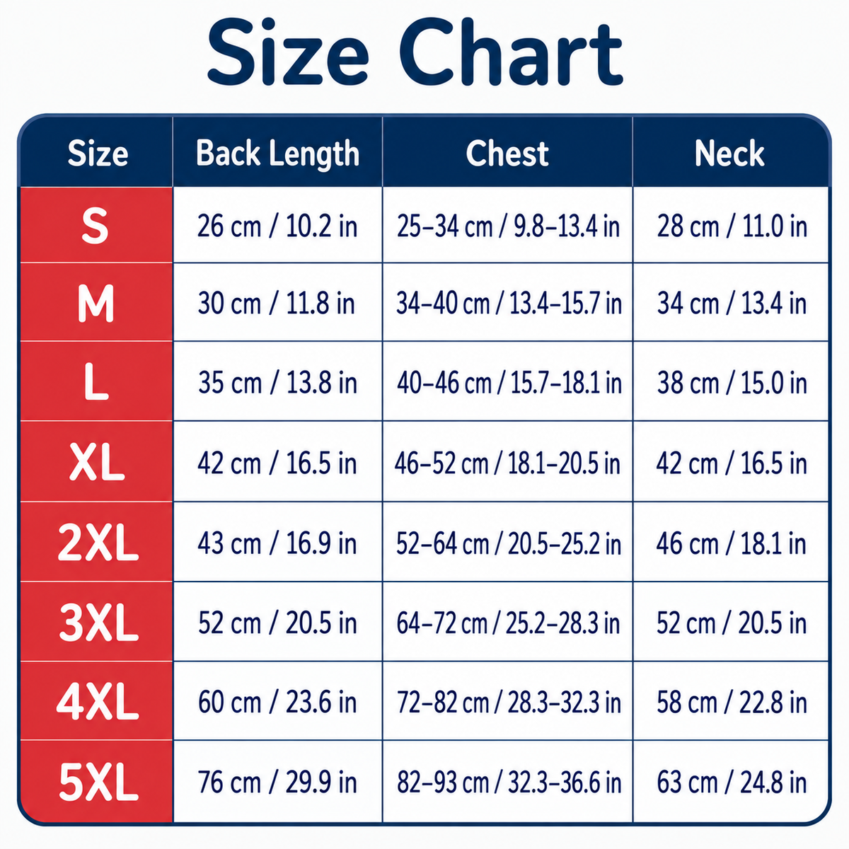 Size chart showing product measurements