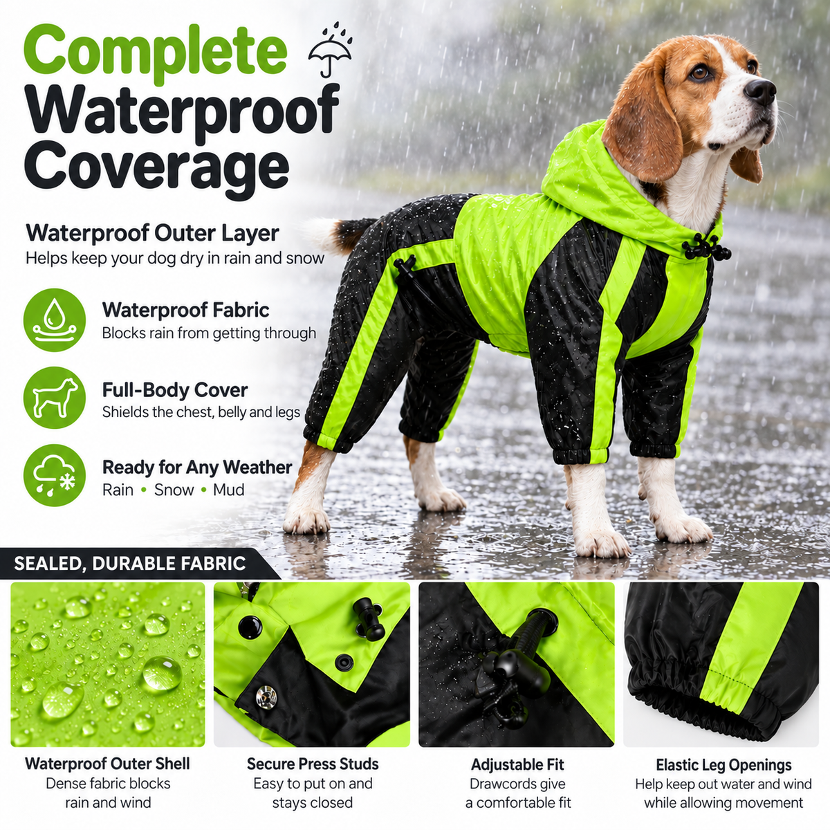 Waterproof full body raincoat features