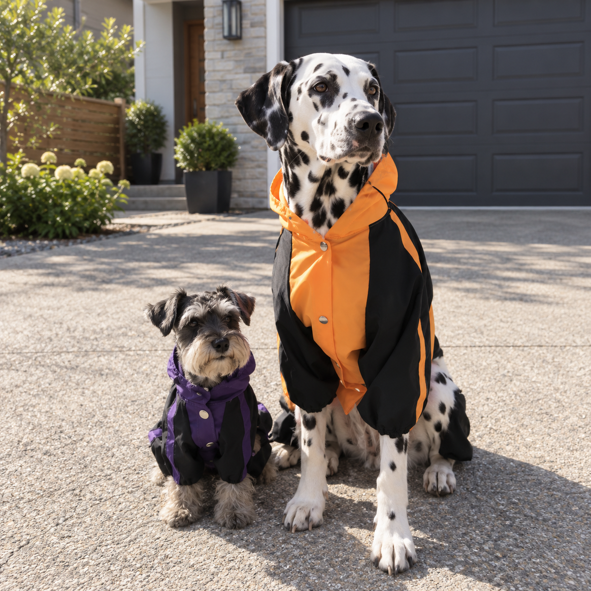 Two dogs in orange and purple raincoats outdoors