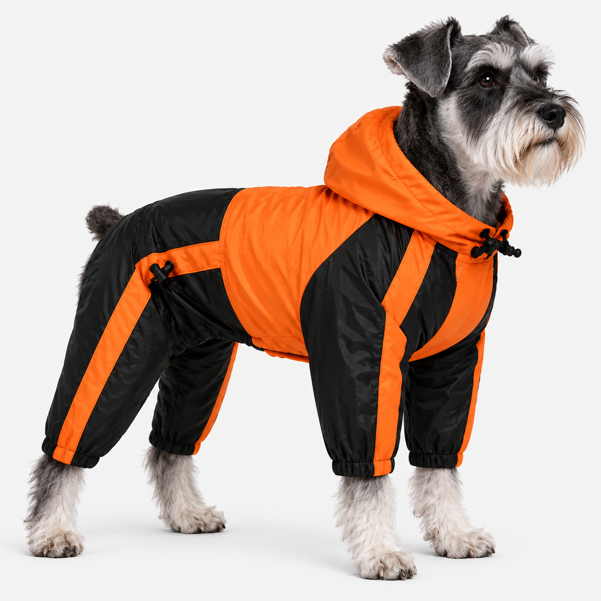 Dog wearing an orange raincoat in a studio
