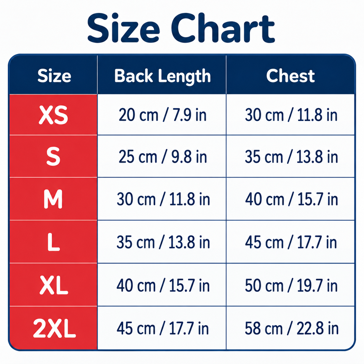 Size chart showing product measurements