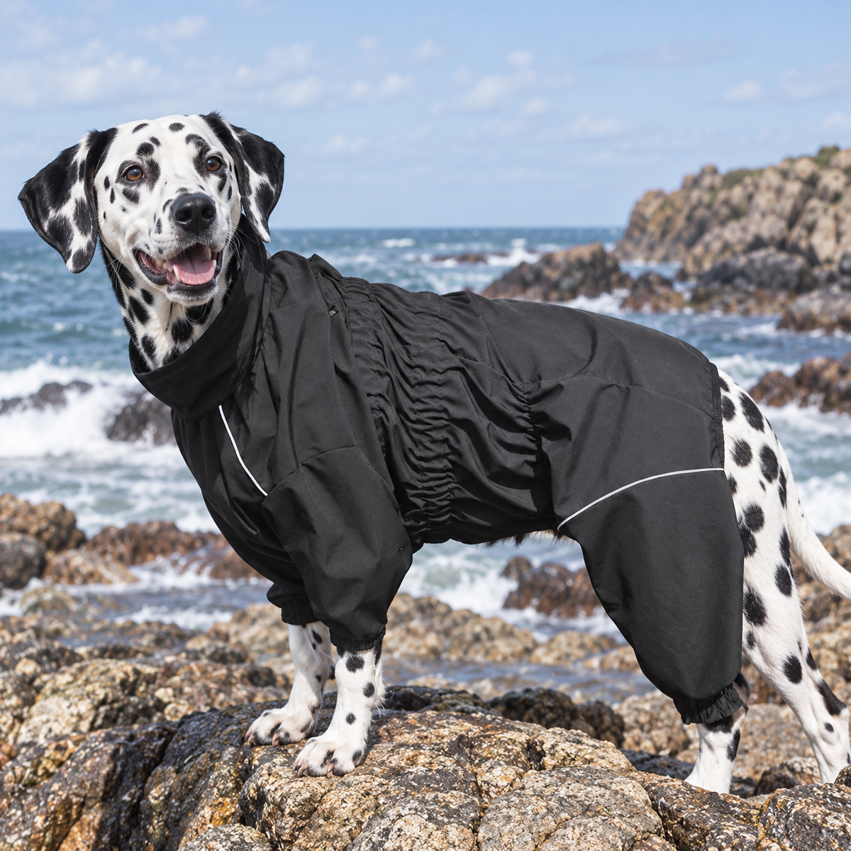 Dog wearing a black waterproof raincoat beside the sea