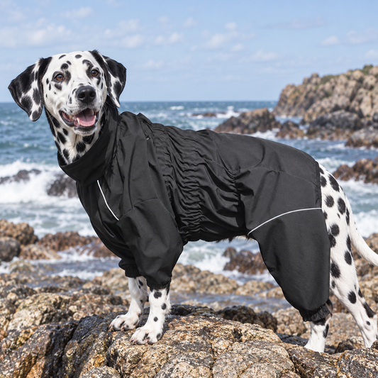 Dog wearing a black waterproof raincoat beside the sea