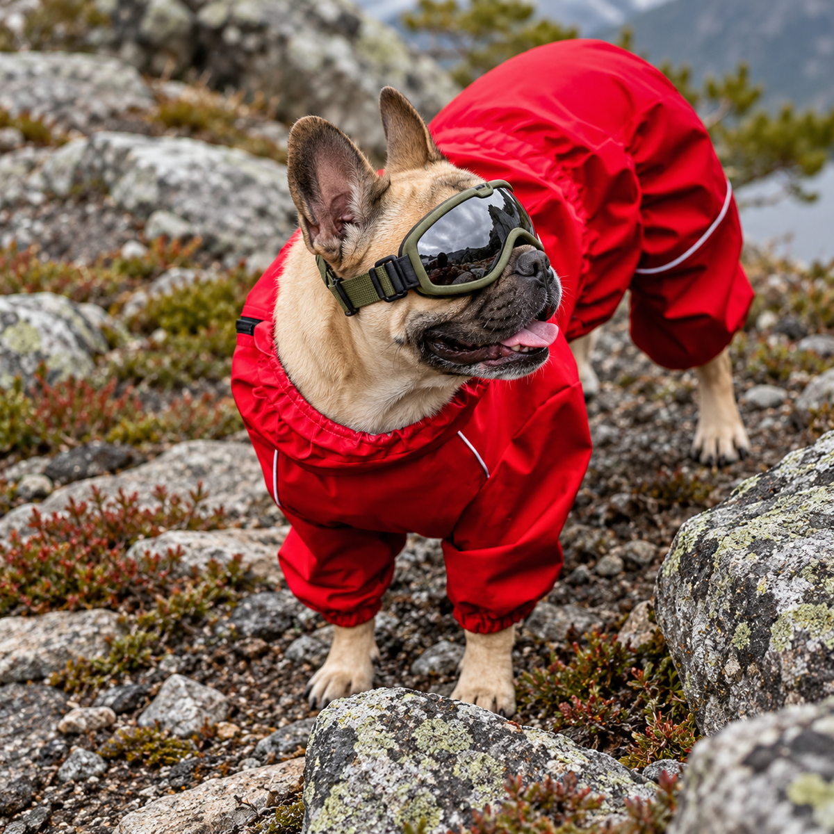Dog wearing a red raincoat on a rocky shore