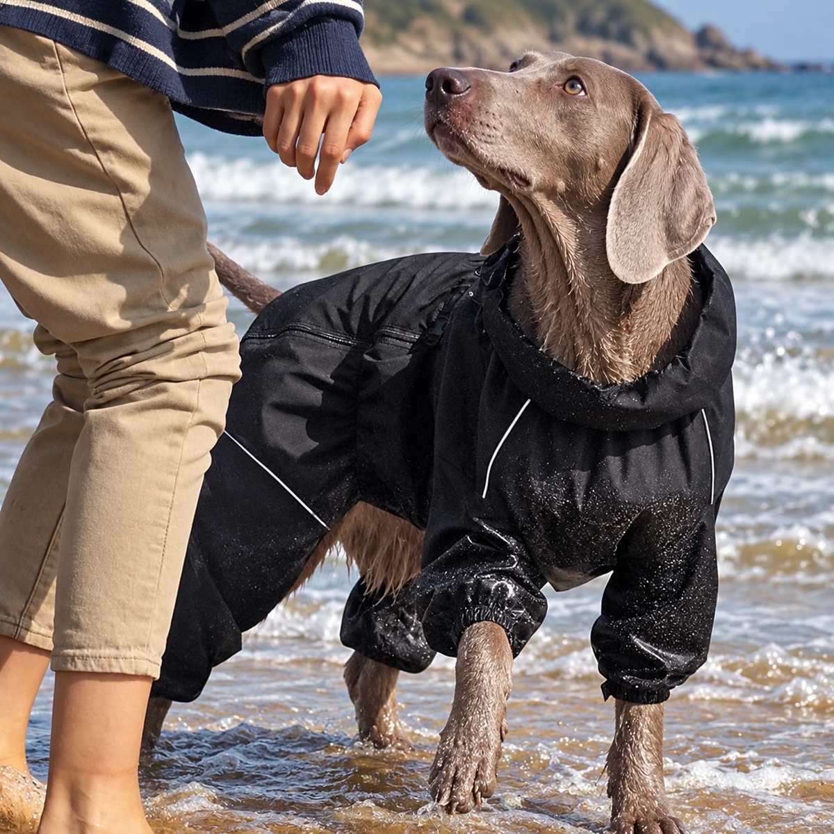 Dog in black raincoat with person at the shore
