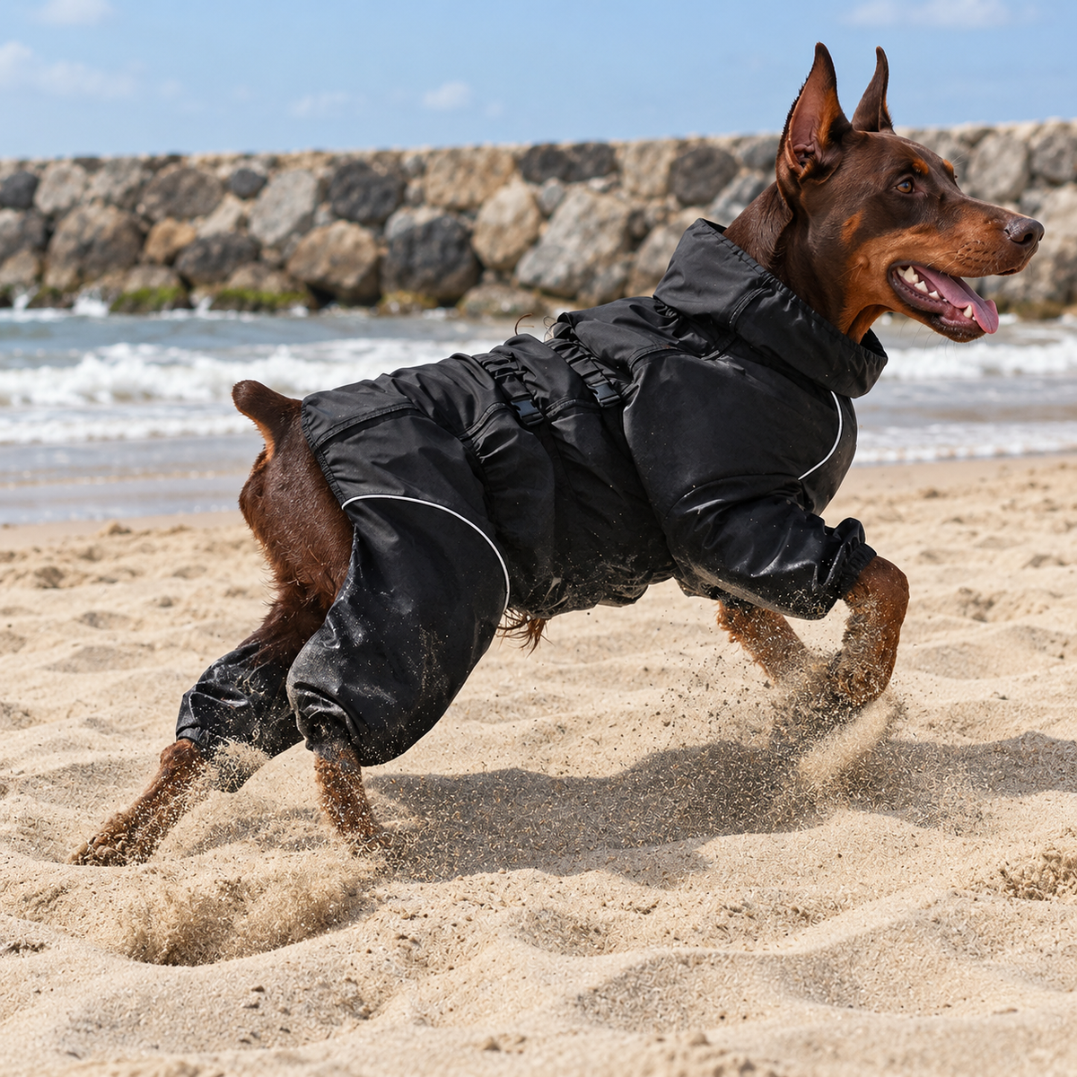 Dog running on the beach in a black raincoat