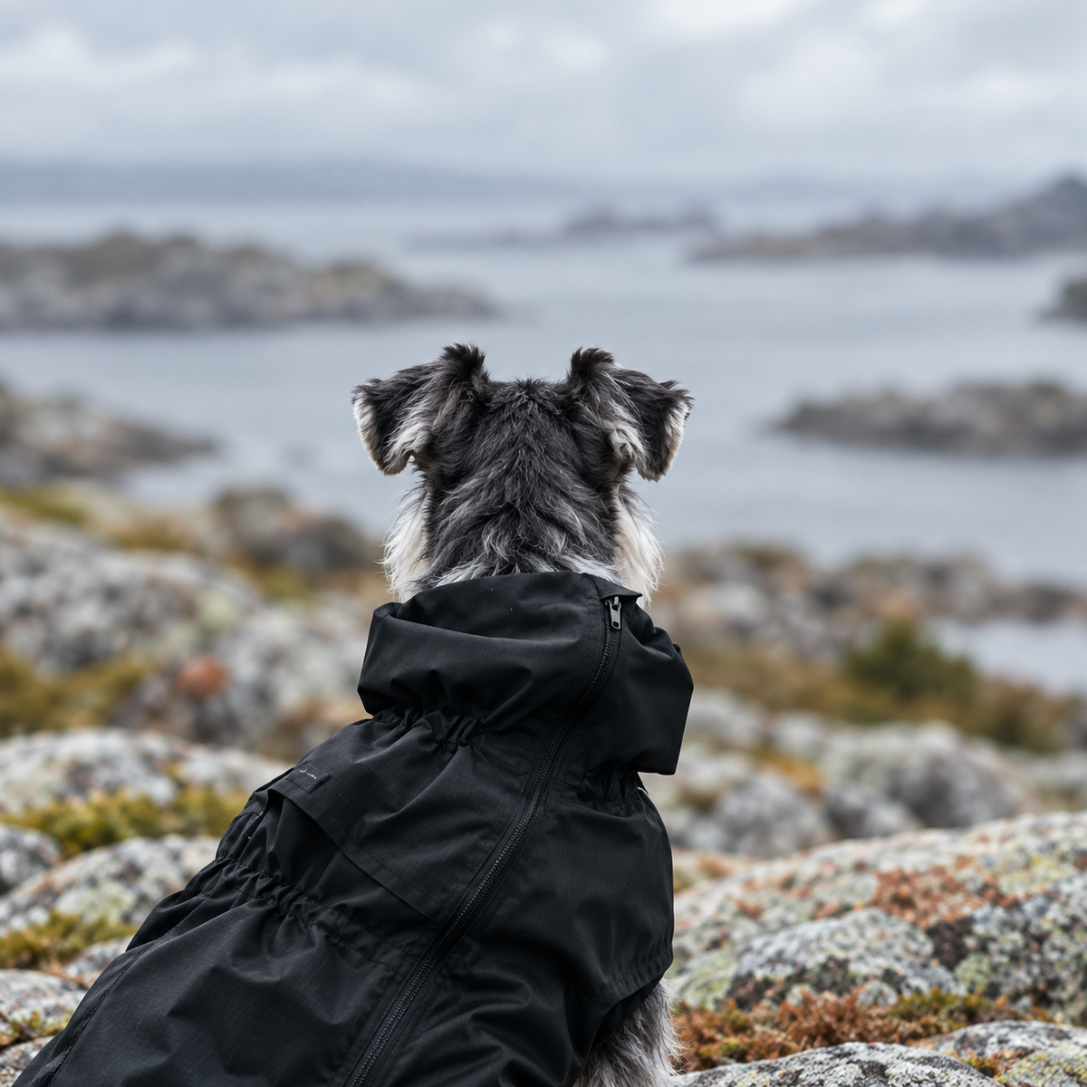 Rear view of a dog wearing a black raincoat