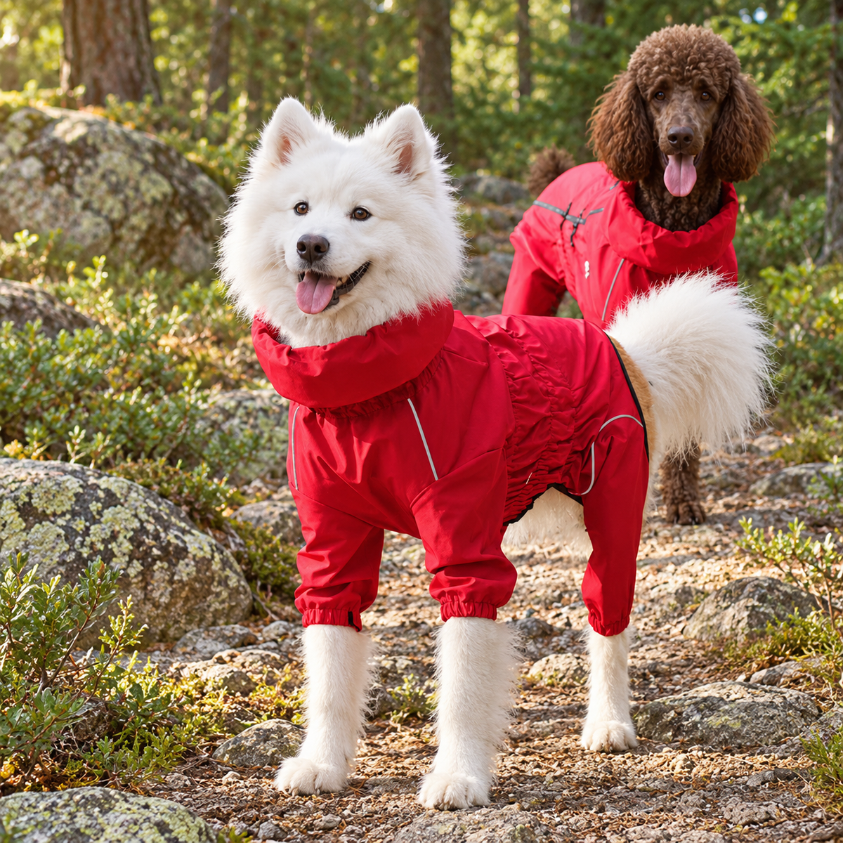 Two dogs wearing red raincoats outdoors