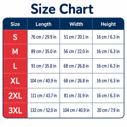 Size chart showing product measurements