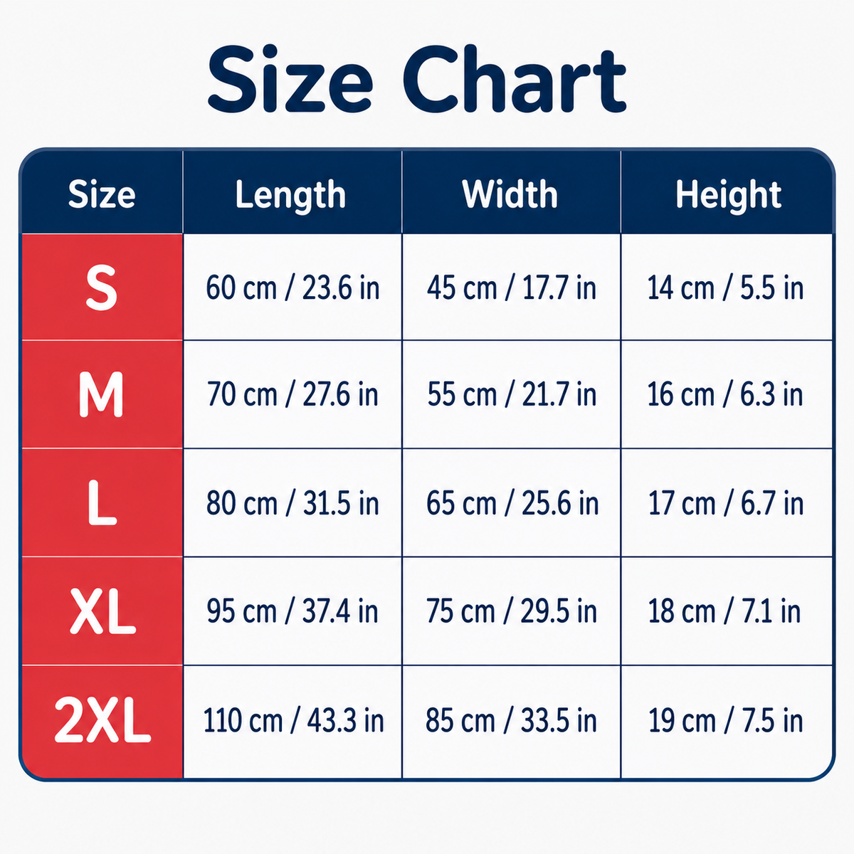 Size chart showing product measurements