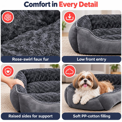 Ultra-Soft Rose Swirl Dog Bolster Bed with Fluffy Sides and Washable Materials