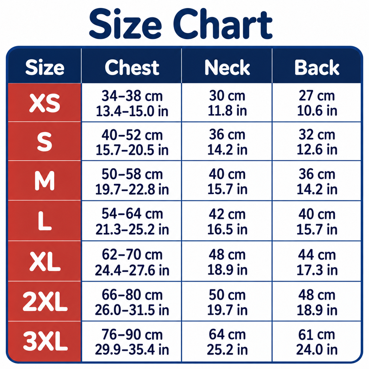 Size chart showing product measurements