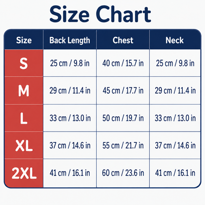Rain pants size chart: back length, chest and neck