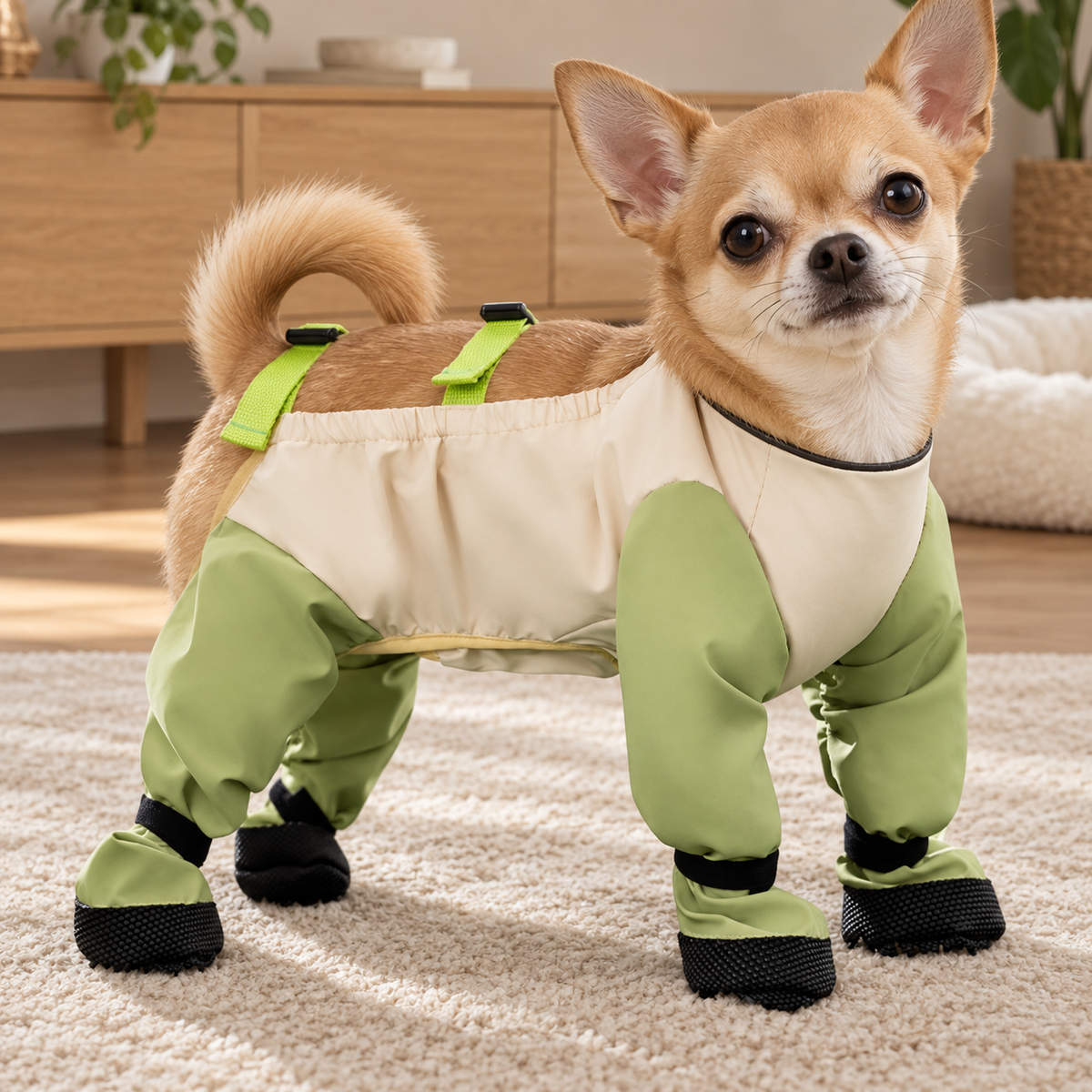 Dog wearing the four-leg rain pants indoors