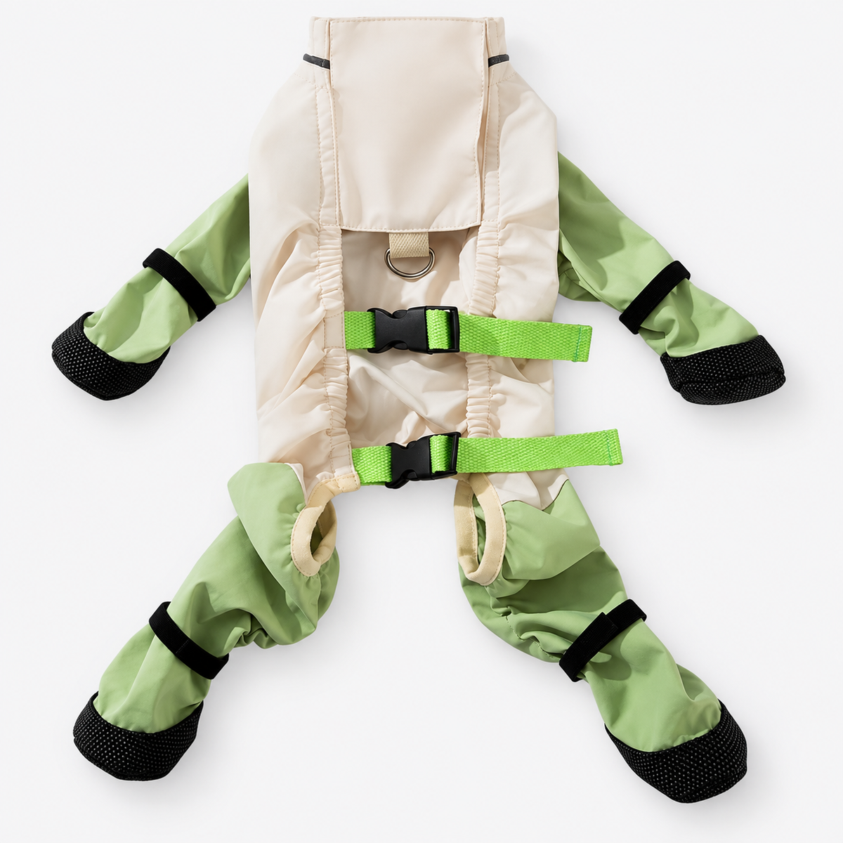 Back view of rain pants showing adjustable straps and boot soles