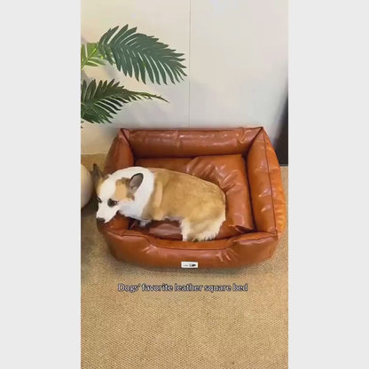 Luxurious Leather Dog Bed with Fluffy Cushion Bolsters & Waterproof Durable Washable Cover