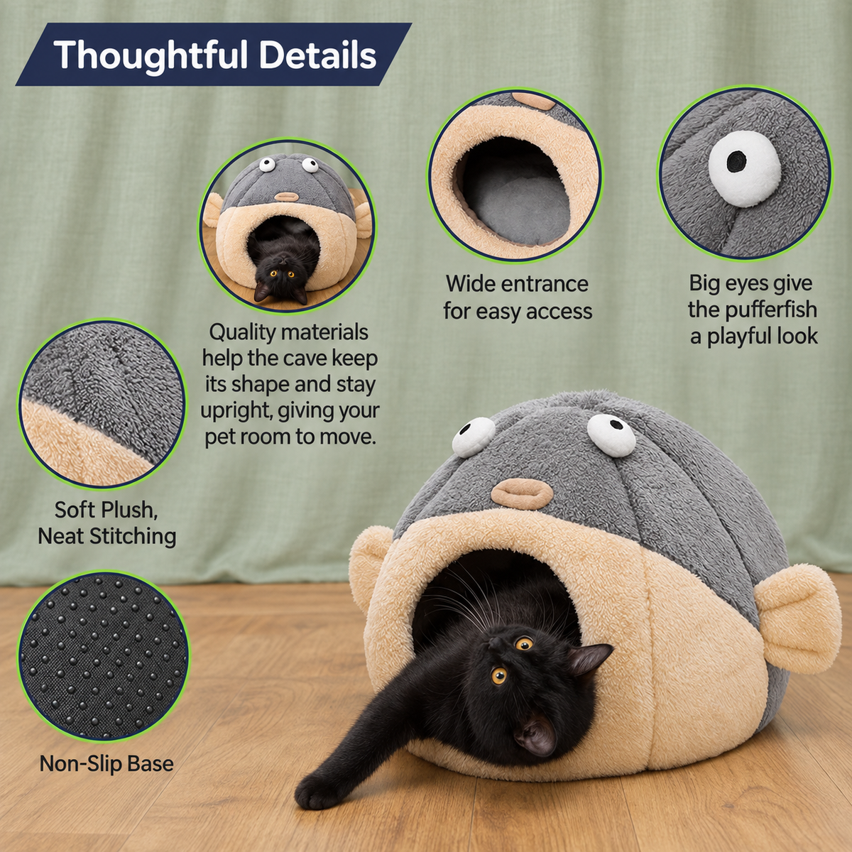 Pufferfish bed features and non-slip base
