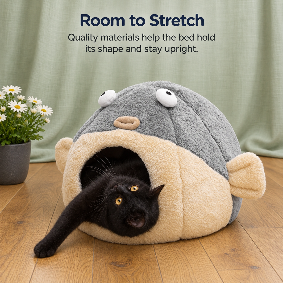 Pufferfish bed holds its shape as pets stretch
