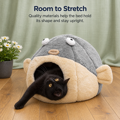 Pufferfish bed holds its shape as pets stretch