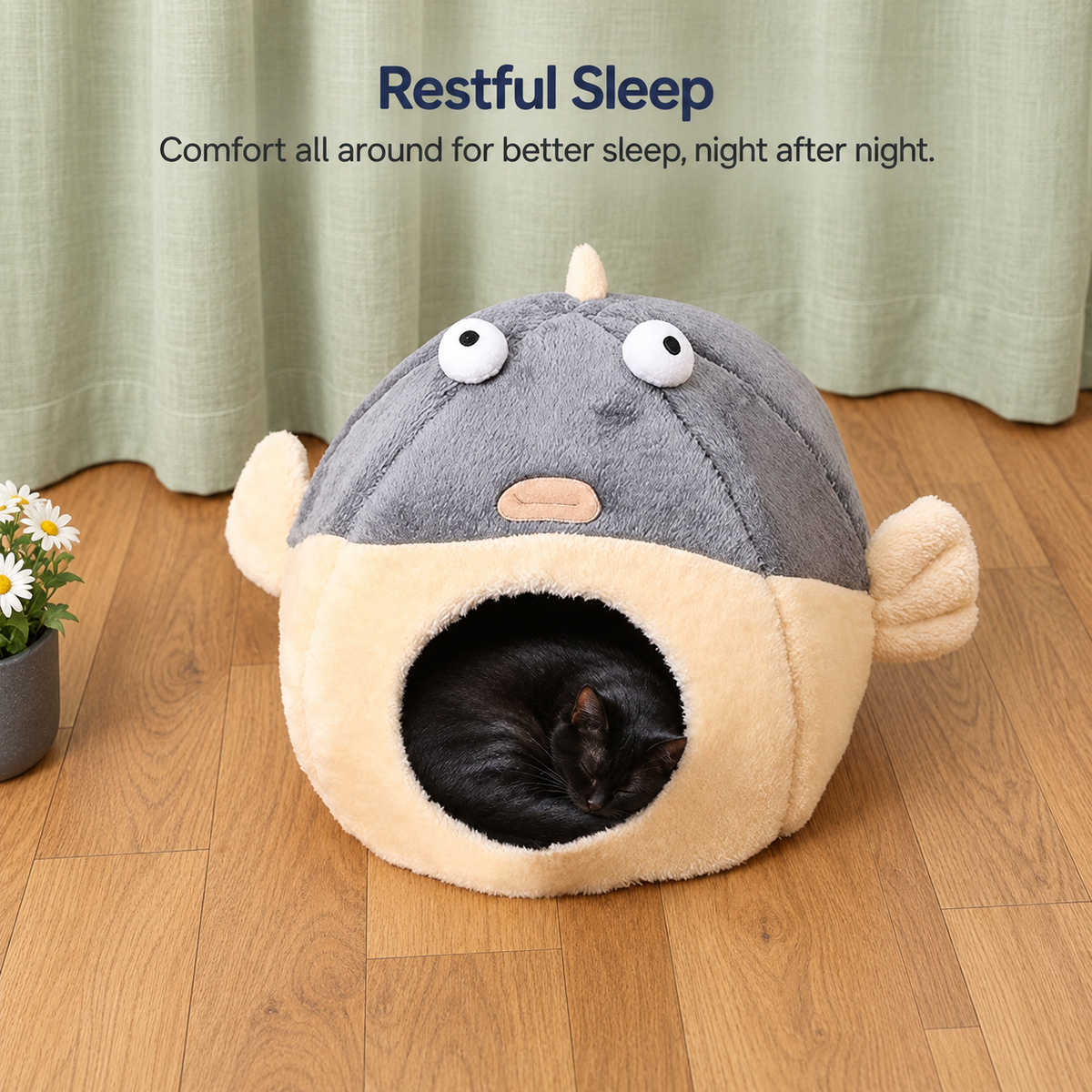 Pet sleeping comfortably inside the pufferfish cave